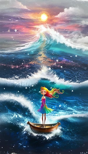 hyperrealistic image of a beautiful petite smiling girl, standing on a small boat. Her long rainbow colors hair waving wildly behind, hard breeze wind flowing pass her, medium sea waves at sea fast, Masterpiece, abstract vector fractal, wave function, Zentangle, 3d shading abstract art complementary colors fine details neo-impressionism expressionist style oil painting, smooth post-impressionist impasto acrylic painting, thick layers of colourful textured paint s-style, silhouette painting,ethereal ambiance