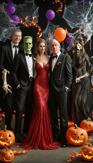 A group of monsters, including a lanky Frankenstein's monster in a tailored tuxedo, a glamorous vampire in a sparkling red gown, and a goofy werewolf in a bow tie and suspenders, posing together for a prom photo in front of a colorful, hand-painted backdrop adorned with cobwebs, jack-o-lanterns, and glowing orange and purple balloons, surrounded by a scatter of fake spider webs, plastic skeletons, and festive streamers, in the style of a playful, whimsical illustration reminiscent of the works of Charles Addams, Edward Gorey, and Skottie Young, with bold lines, vibrant colors, and a touch of spooky humor.