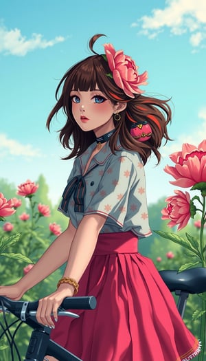 girl with peonies hairstyle, peonies hair colors, peonies skin pattern, peonies choker, peonies motives short shirt, peonies motives short skirt, riding a peonies motives electric bike, in a peonies park. peonispunk, peonis volumetric, peonies abstract, peonies style Salvador Dali, 