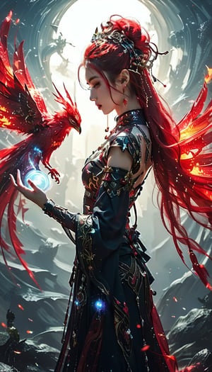 a beautiful girl, mage, long red umbra hair with hyper details on fiery hair strands and blue little braids, intricate details fiery phoenix carapace headpiece, fantastical textured designs magic attire, Intricate details magical ethereal scene of fantasy world, spectral vibes, mysterious ambiance.,s-style, silhouette painting,ethereal ambiance