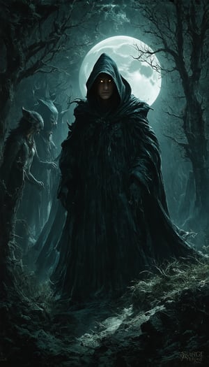 A dark, eerie forest at night, illuminated by a pale, full moon. Silhouettes of supernatural creatures emerge from the shadows—an ethereal ghost glides through the mist, a menacing werewolf with glowing eyes prowls among the trees, and a mysterious vampire with a flowing cloak stands atop a rocky ledge. A powerful witch, her face hidden by a hood, casts an ominous spell while demonic figures lurk in the background. The scene feels haunting but without any gore, emphasizing the supernatural atmosphere and tension. abstract art complementary colors fine details. neo-impressionism expressionist style oil painting, smooth post-impressionist impasto acrylic painting, thick layers of colourful textured paint. horror Gustave Doré Greg Rutkowski. 