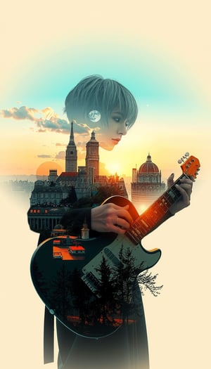 Hyperealistic bioluminescent double exposure of cities, moon, clouds and nature inside and Intricate Elaborate Double Exposure of transparent lady in pixie-cut hair playing guitar :: creamy background :: sunset+trees+buildings inside double exposure art :: transparent layers by Photoshop Layers :: post processed double exposure art :: inspired by Surrealism+Pointillism+Double exposure art