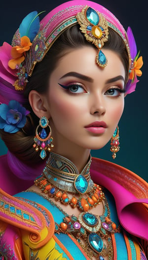 digital render Hyperrealistic portrait of a beautiful woman wearing intricately detailed colorful clothing and futuristic jewellery.