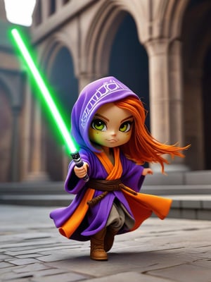 chibi jedi girl with exaggerated and intricately detailed super huge head, large expressive orange eyes, wears purple color with intricately detailed neon green matrix inscription robe without hoodie, very long orange hair which flowing with wind, sprinting to the viewer, holds up an neon orange lightsaber. the scene depict a sudden attack of a battle that place in jedi temple alley, dark time, smoke and mist floating on the ground. volumetric lighting. depth of field,