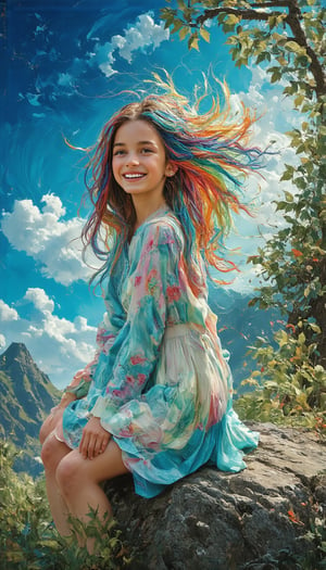 hyperrealistic image of a beautiful petite smiling girl, sitting on top of rock cliff. Her long rainbow colors hair waving wildly behind, hard breeze wind flowing pass her with some leafs, bokeh Fuji mountain behind, Masterpiece, abstract vector fractal, wave function, Zentangle, 3d shading abstract art complementary colors fine details neo-impressionism expressionist style oil painting, smooth post-impressionist impasto acrylic painting, thick layers of colourful textured paint