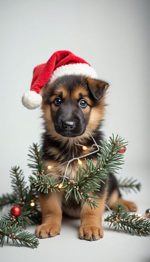 Cozy winter scene: A tiny German Shepherd puppy, donning a miniature Santa hat, becomes enmeshed in a festive Christmas garland draped across a crisp white background. Delicate lights and ornaments swirl around the playful pup, capturing the magic of the holiday season.