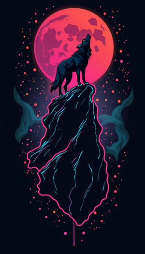 Vector illustration, T-shirt print, silhouette of a wolf on top of a cliff, image in the center, futuristic and abstract design, smooth lines and geometric shapes, digital style, neon colors, black background, glow effect