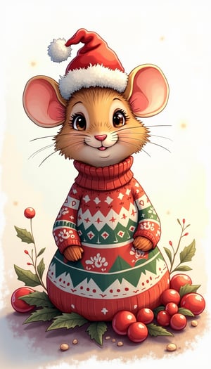 A whimsical illustration of a mouse wearing a miniature Santa Claus hat and sitting atop a vector graphic design of a festive holiday sweater pattern. The mouse's face is cheerful with a hint of mischief. Framed against a crisp white background, the scene is bathed in warm, golden lighting, accentuating the textures and colors of the fabric.