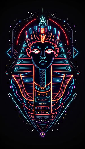 Vector illustration, T-shirt print, Egypt, image in the center futuristic and abstract design, smooth lines and geometric shapes, digital style, neon colors, black background, glow effect