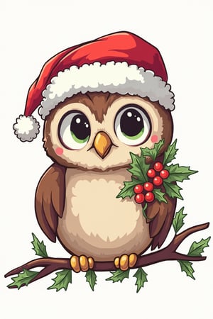 
vector art, T-shirt design on a white background, a cute owl sits on a branch and holds a garland in its beak, With a Santa Claus hat on it