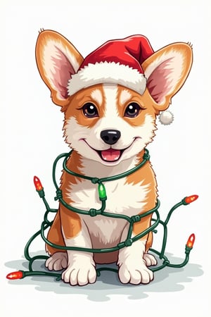 
vector graphics, T-shirt design on a white background, a small corgi puppy entangled in a Christmas electric garland.  The puppy has a Santa hat on his head.