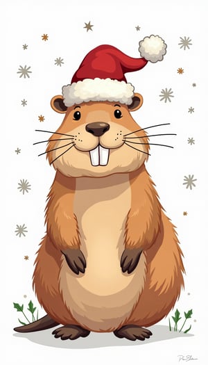 A whimsical illustration of a capybara wearing a jolly Santa Claus hat against a crisp white background. The vector graphic features the capybara seated comfortably, its whiskers and ears prominent as it gazes directly at the viewer. The Santa hat sits atop its head, adorned with festive red and white stripes, matching the bold lines and curves of the capybara's furry form. A sprinkle of snowflakes or holly may surround the design to emphasize the winter wonderland theme.