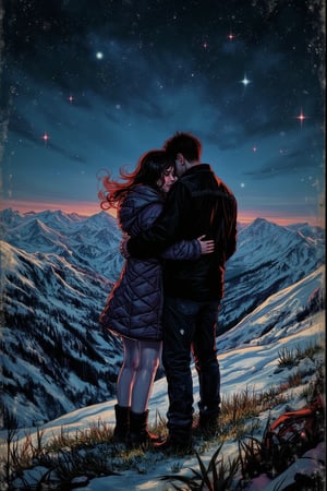 grunge style {guy hugging a girl, they are standing on top of a mountain, they are standing on a lawn with green grass, all around covered with snow, bright stars in the sky, romance, love} . textured, distressed, vintage, edgy, punk rock vibe, dirty, noisy, Thriller illustration