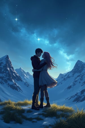 guy hugging a girl, they are standing on top of a mountain, they are standing on a lawn with green grass, all around covered with snow, bright stars in the sky, romance, love, lucy_flux