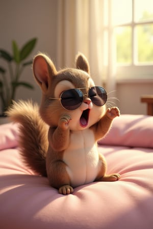 Funny cute squirrel in pajamas sitting sleepy on the cot, arms up, yawning, cosy room, sun rays in the window, high detail, Carrera 5623 PD, sunglass