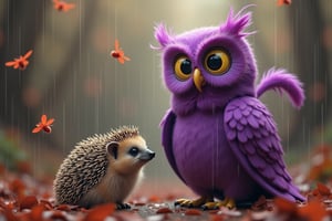 It's raining, Purple Owl dressed in purple cylinder, hedgehog standing next to a hedgehog, in a forest of red Flies that fly away into the sky, long plumage with plume, multidimensional, grandiose, diverging waves, aesthetic matter, sepia, artwork, maximum definition, high contrast, high sharpness, aesthetics, high resolution, 4k, wiseart, HDR, full HD resolution, + epic, extravaganza, intricate funny caricature style, Tim Burton style, meta