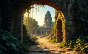 Overgrown vines and moss-covered ruins frame the entrance to a lost ancient city, where crumbling structures rise from the dusty earth like giants. Golden light of late afternoon casts long shadows across the site, highlighting intricate carvings on weathered stone. In the distance, a massive stone statue stands sentinel, its eyes seeming to gaze out upon the forgotten civilization.