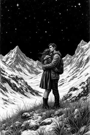 grunge style {guy hugging a girl, they are standing on top of a mountain, they are standing on a lawn with green grass, all around covered with snow, bright stars in the sky, romance, love, pen and ink, thin lines, crosshatching, hatching, monochromatic, detailed, high contrast,
precise, thriller, illustration, } . textured, distressed,
vintage, edgy, punk rock vibe, dirty, noisy, Thriller illustration