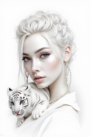 minimalism, watercolor, white on white, detailed drawing, mysticism, beautiful albino african girl, short afro braids sticking up, white tiger cub sitting on shoulder, large lively eyes, white eyelashes, hair, pale white transparent pearl skin, @mss, frost, realistic, beautiful, beautiful, professional, photo, soft lighting, aesthetic, beautiful, realistic, professional photo, high detail, high resolution, close-up