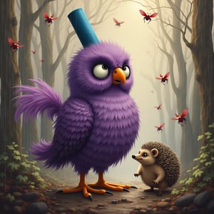 Rain, purple owl, blue cylinder on his head, hedgehog standing next to hedgehog, in a forest of red flies that fly off into the sky, long plumage with plume, multidimensional, grandiose, diverging waves, aesthetic matter, sepia, artwork, maximum definition, high contrast, high sharpness, aesthetics, high resolution, 4k, wiseart, HDR, full HD resolution, + epic, extravaganza, intricate funny caricature, Tim Burton style, meta