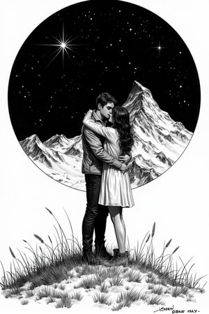 a guy hugs a girl, they are standing on the top of a mountain, they are standing on a lawn with green grass, everything else in the circle is covered with snow, bright stars in the sky, romance, love, Pen and Ink, fine lines, cross-hatching, stippling, monochromatic, detailed, high contrast,
precise, Thriller illustration