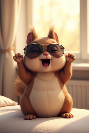 Funny cute squirrel in pajamas sitting sleepy on the cot, arms up, yawning, cosy room, sun rays in the window, high detail, Carrera 5623 PD, sunglass