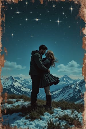 grunge style {guy hugging a girl, they are standing on top of a mountain, they are standing on a lawn with green grass, all around covered with snow, bright stars in the sky, romance, love} . textured, distressed,
vintage, edgy, punk rock vibe, dirty, noisy