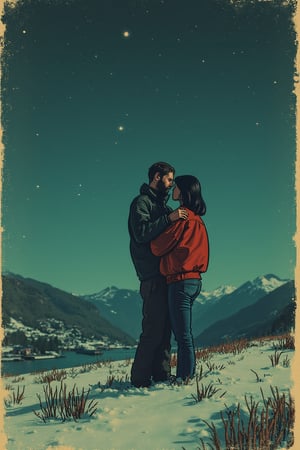 grunge style {guy hugging a girl, they are standing on top of a mountain, they are standing on a lawn with green grass, all around covered with snow, bright stars in the sky, romance, love} . textured, distressed, vintage, edgy, punk rock vibe, dirty, noisy, txznline