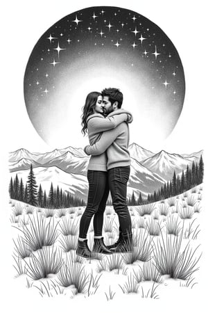 a guy hugs a girl, they are standing on the top of a mountain, they are standing on a lawn with green grass, everything else in the circle is covered with snow, bright stars in the sky, romance, love, Pen and Ink, fine lines, cross-hatching, stippling, monochromatic, detailed, high contrast,
precise