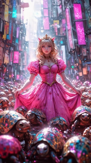 Masterpiece, (8K High Resolution), (Ultra High Resolution 3840 x 2160), (Ultimate Subjective), (12K Ultra High Resolution Wallpaper 8k). A vibrant and whimsical scene featuring Princess Peach in a dazzling futuristic city. She stands gracefully, surrounded by a swarm of adorable mini tortuguitas, each radiating bright colors and quirky designs. The skyline is filled with sleek, towering buildings adorned with neon lights and holographic displays, creating a magical atmosphere. Peach's iconic pink dress contrasts beautifully with the colorful environment, and her joyful expression captures the essence of adventure and playfulness. The scene is alive with energy, inviting viewers into this enchanting blend of fantasy and technology.
