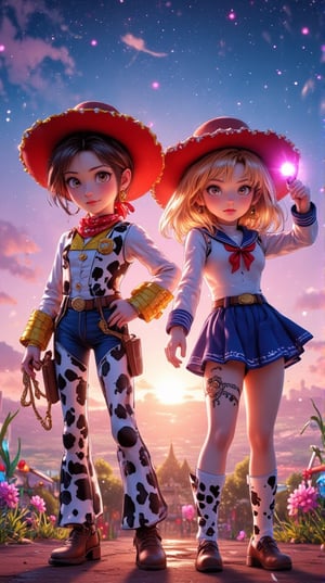 Masterpiece, (8K High Resolution), (Ultra High Resolution 3840 x 2160), (Ultimate Subjective), (12K Ultra High Resolution Wallpaper 8k). A vibrant and dynamic scene featuring Jessie from Toy Story and Sailor Moon standing together in a whimsical, colorful landscape. Jessie, with her cowboy hat and cheerful expression, holds her lasso confidently, while Sailor Moon, in her iconic sailor suit, strikes a heroic pose with her Crescent Moon Wand raised high. The background is filled with playful clouds and shining stars, creating a magical atmosphere that highlights their unique personalities and adventurous spirits. This enchanting illustration captures the essence of friendship and bravery between these beloved characters.