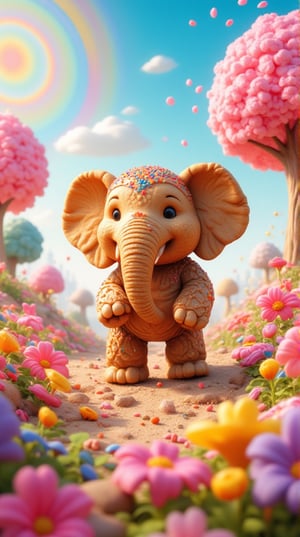 Masterpiece, (8K High Resolution), (Ultra High Resolution 3840 x 2160), (Ultimate Subjective), (12K Ultra High Resolution Wallpaper 8k). A whimsical depiction of a cookie elephant standing proudly in a vibrant, colorful world. The elephant is intricately designed, with a textured cookie surface adorned with icing and sprinkles, creating a delightful appearance. Surrounding it is a fantastical landscape filled with oversized candy trees, rainbow-hued flowers, and a bright, sunny sky. The colors are bold and cheerful, enhancing the playful atmosphere of this enchanting scene. The overall composition radiates joy and imagination, inviting viewers into a sweet, dreamlike adventure.
