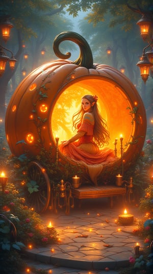 Masterpiece, (8K High Resolution), (Ultra High Resolution 3840 x 2160), (Ultimate Subjective), (12K Ultra High Resolution Wallpaper 8k). A whimsical and enchanting scene featuring a giant pumpkin transformed into a beautiful carriage for Princess Zelda. The pumpkin is intricately carved with elegant designs, glowing softly in warm hues of orange and gold. Delicate vines and flowers wrap around the carriage, adding a touch of magic. Princess Zelda sits gracefully inside, dressed in her iconic royal attire, her hair flowing elegantly. The background is a lush, mystical forest illuminated by twinkling fairy lights, creating a dreamy atmosphere. The overall composition captures the essence of fantasy and adventure, inviting viewers into a captivating fairytale world.
