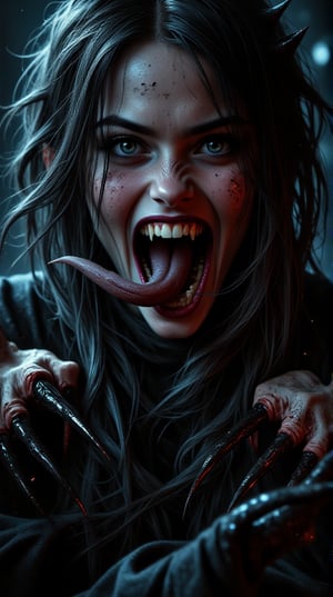 score_9, score_8_up, score_7_up, score_6_up, score_5_up, score_4_up, photograph 
solo, open_mouth, tongue, teeth, 1girl, colored_skin, fangs, looking_at_viewer, horror_(theme), claws, sharp_teeth, blue_eyes, tongue_out, spikes
