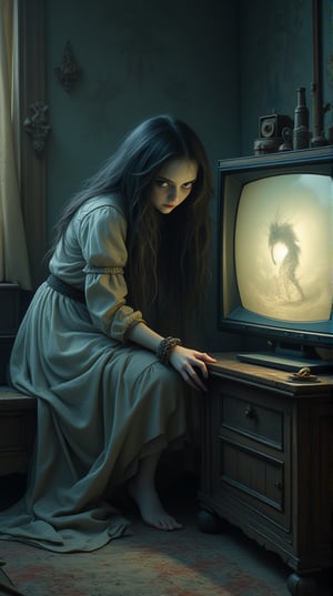 Masterpiece, (8K High Resolution), (Ultra High Resolution 3840 x 2160), (Ultimate Subjective), (12K Ultra High Resolution Wallpaper 8k). A haunting depiction of a ghostly girl emerging from an old television set, her long, dark hair cascading down as she crawls out with an eerie grace. The room is dimly lit, with flickering shadows cast by the static on the screen. Her pale, distressed face is framed by the glow of the TV, eyes wide with a mix of sorrow and malevolence. Surrounding her, the room is cluttered with vintage furniture and dusty relics, enhancing the unsettling atmosphere. The overall scene captures a sense of dread and suspense, drawing viewers into this chilling moment of horror.
