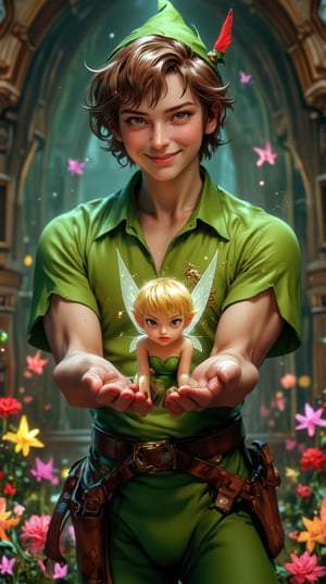 Masterpiece, (8K High Resolution), (Ultra High Resolution 3840 x 2160), (Ultimate Subjective), (12K Ultra High Resolution Wallpaper 8k). A whimsical scene featuring Peter Pan, with his signature green outfit and mischievous grin, standing confidently against a vibrant backdrop of Neverland. In his hand, he holds a tiny, angry-looking Tinker Bell, her wings shimmering with magical light. Tinker Bell's expression is one of frustration, adding a humorous touch to the scene. Surrounding them are colorful flowers and twinkling stars, creating a magical atmosphere that captures the essence of adventure and friendship. This enchanting image perfectly illustrates the playful dynamic between Peter Pan and his feisty fairy companion.
