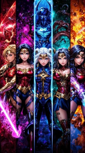 Masterpiece, (1600 x 800 pixels), a vibrant 16-bit pixel art cover image featuring five iconic characters arranged in a linear fashion. From left to right: Wonder Woman, depicted with rich colors and dynamic poses, standing proud in her classic armor; Sailor Moon, with her flowing hair and magical wand, radiating a sense of friendship and hope; Lara Croft, designed with intricate details in her adventurous outfit, exuding confidence and resilience; Ahsoka Tano, with her distinctive head-tails and dual lightsabers, ready for action; and Katniss Everdeen, aiming her bow with fierce determination and a focused expression. The background features a colorful blend of elements from their respective worlds, enhancing the retro gaming aesthetic and creating a sense of adventure and camaraderie among the characters, emphasizing their unique personalities and strengths.