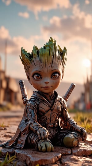 Masterpiece, (8K High Resolution), (Ultra High Resolution 3840 x 2160), (Ultimate Subjective), (12K Ultra High Resolution Wallpaper 8k). A charming depiction of Baby Groot reimagined in the Star Wars universe, sitting playfully on a rocky surface of a distant planet. His tiny form is adorned with elements reminiscent of the galaxy, such as a miniature Jedi robe and a small lightsaber in hand, radiating innocence and joy. Surrounding him are futuristic droids and alien flora, creating an otherworldly atmosphere. The sky is a vibrant mix of colors, hinting at a breathtaking sunset, enhancing the whimsical and adventurous spirit of this beloved character. The overall composition captures the magic of both franchises, blending cuteness and intergalactic charm.
