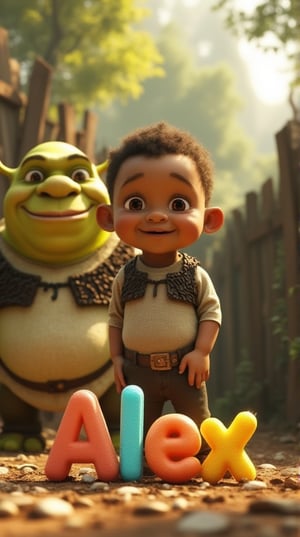 Masterpiece, (8K High Resolution), (Ultra High Resolution 3840 x 2160), (Ultimate Subjective), (12K Ultra High Resolution Wallpaper 8k), a cute baby boy with light brown skin, rendered in hyper-realistic 3D, standing in front of a fence and looking charming and playful. Beside him, Shrek stands with a warm smile, adding a whimsical touch to the scene. The background features a transparent effect to emphasize the joyful expressions of both characters. Captured in vibrant color, the image showcases a modern and adorable aesthetic inspired by artists like Andrew Thomas Huang and Riyahd Cassiem. The name "Alex" is creatively integrated into the foreground, displayed in fun, vibrant colors that enhance the overall warmth and cuteness of the image, making it perfect for a profile picture!