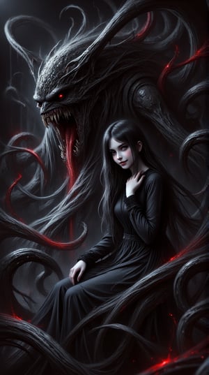 score_9, score_8_up, score_7_up, score_6_up, score_5_up, score_4_up, photograph 
1girl, long_hair, monster, teeth, sharp_teeth, open_mouth, dress, red_eyes, black_dress, sitting, looking_at_viewer, black_hair, tentacles, smile, solo, eldritch_abomination, long_sleeves, hand_up
