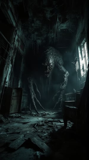 "A spine-chilling illustration of a terrifying creature lurking in the shadows of a dusty attic, (its body twisted and gaunt, with elongated limbs and sharp claws poised for action), (the creature's eyes glimmering with malice, reflecting a sinister intelligence), (a large, ornate mirror stands in the corner, but its reflection remains eerily absent, hinting at the creature's dark nature), (the backdrop features cobweb-covered beams, scattered old furniture, and dim light filtering through cracks in the walls), (intricate details capturing the textures of dust and decay, heightening the sense of neglect), (dynamic lighting casting deep shadows that conceal parts of the creature, enhancing its menacing presence), (the atmosphere thick with tension and unease, evoking a feeling of impending doom), (masterpiece, best quality, official art, extremely detailed CG unity 8k wallpaper, absurdres, 8k resolution, Cinematic Lighting)."