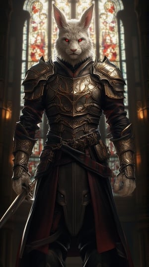 armor, 1boy, stained_glass, furry, solo, red_eyes, rabbit_ears, male_focus, animal_ears, shoulder_armor, weapon, belt, gauntlets, pauldrons, viera, standing, furry_male, indoors, from_below, looking_at_viewer, sword, black_pants, cowboy_shot, pants, breastplate, colored_sclera, window, coat, vambraces