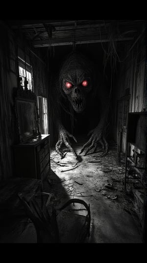 cctv footage of a horror monster,aidmaabdhr, "A spine-chilling illustration of a terrifying creature lurking in the shadows of a dusty attic, (its body twisted and gaunt, with elongated limbs and sharp claws poised for action), (the creature's eyes glowing bright red with malice, reflecting a sinister intelligence), (a large, ornate mirror stands in the corner, but its reflection remains eerily absent, hinting at the creature's dark nature), (the backdrop features cobweb-covered beams, scattered old furniture, and dim light filtering through cracks in the walls), (intricate details capturing the textures of dust and decay, heightening the sense of neglect), (dynamic lighting casting deep shadows that conceal parts of the creature, enhancing its menacing presence), (the atmosphere thick with tension and unease, evoking a feeling of impending doom), (masterpiece, best quality, official art, extremely detailed CG unity 8k wallpaper, absurdres, 8k resolution, Cinematic Lighting)."