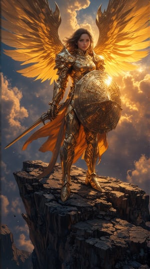 8K UHD digital painting, a majestic warrior girl stands tall on a rocky precipice, (clad in intricate golden armor that gleams in the sunlight, reflecting her noble spirit). Her massive shield, adorned with ornate engravings and a radiant emblem, is held confidently in one hand, while the other hand rests on the hilt of a sword at her side. A pair of magnificent wings, shimmering with iridescent feathers, extend gracefully from her back, (their colors shifting from gold to deep azure). The backdrop features a breathtaking sky at sunset, with vibrant hues of orange and purple, as clouds swirl dramatically around her. The scene captures her strength and determination, ready to soar into battle or protect those in need.





