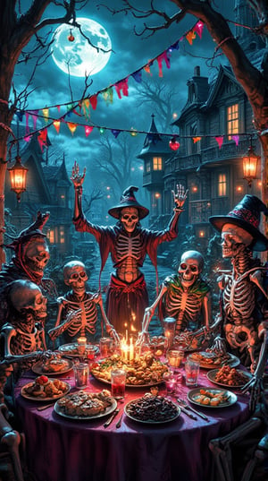 A vibrant illustration of a "Dead Man's Party," (a lively gathering of various skeletons and spooky characters, each dressed in whimsical, festive attire for a ghostly celebration), (the scene filled with colorful decorations like hanging lanterns and eerie streamers, creating a festive atmosphere), (skeletons dancing joyfully under a moonlit sky, some playing musical instruments, while others enjoy treats laid out on a spooky banquet table), (the background featuring a haunted mansion with glowing windows, surrounded by twisting trees and mist), (intricate details capturing the unique personalities of each character, from their outfits to their playful expressions), (dynamic lighting casting playful shadows and highlighting the cheerful ambiance), (the scene filled with a sense of fun and camaraderie, evoking the spirit of a joyous, undead celebration), (masterpiece, high quality, official art, extremely detailed, 8k resolution, cinematic lighting).