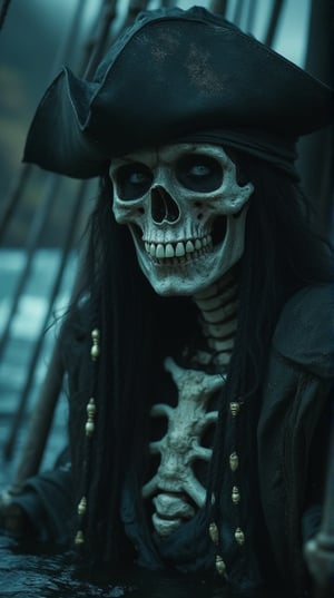 8K hyper-realistic cinematic 3D image of a half-bone pirate, navigating through a dark, misty cove. The skeletal parts of her face contrast sharply with the living flesh, creating a striking and haunting appearance.