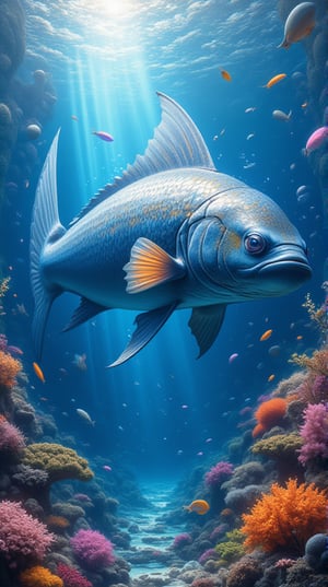 Masterpiece, (8K High Resolution), (Ultra High Resolution 3840 x 2160), (Ultimate Subjective), (12K Ultra High Resolution Wallpaper 8k). A breathtaking depiction of a giant fish swimming gracefully through a vibrant underwater world. The fish is intricately detailed, with shimmering scales reflecting the dappled light filtering down from the surface. Surrounding it, a kaleidoscope of colorful coral reefs and schools of smaller fish create a lively backdrop. The deep blue water is filled with bubbles and shafts of light, enhancing the ethereal atmosphere. The overall composition captures the majesty and mystery of the ocean, inviting viewers to explore this enchanting underwater realm.
