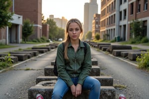 The photography depicts a young woman with gold blonde hair tied to a ponytail, wearing a green stained jacket, tight blue jeans, a backpack and worn out red converse chucks, sitting on a car wrack in an deserted street with some other car wracks covered in dirt and moss, plants are growing in cracks of the street, left and right are dilapidated ruins of huge skyscrapers, the light of the setting sun is coming from the front, illuminating the outlines of the woman.



