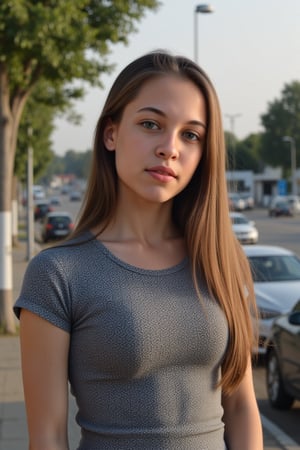 a 15 years old beutiful girl, she is in the street, she is confused, realistic, photography




