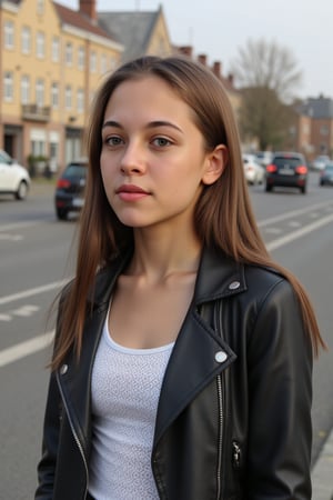 a 15 years old beutiful girl, she is in the street, she is confused, realistic, photography




